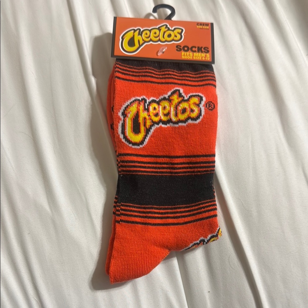 Cheetos Novelty Crew Socks. Orange with Stripes. Fits Men’s Size 6-12